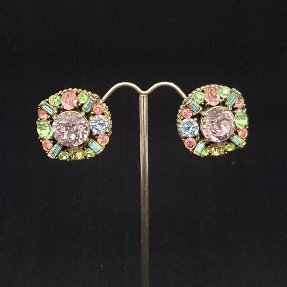 Vintage Hollycraft Multicolor Pastel Rhinestone Clip on Earrings COPR 1955